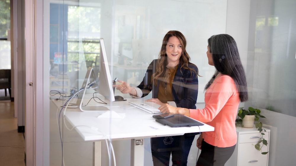 Collaborative Women Working at Standing Desk