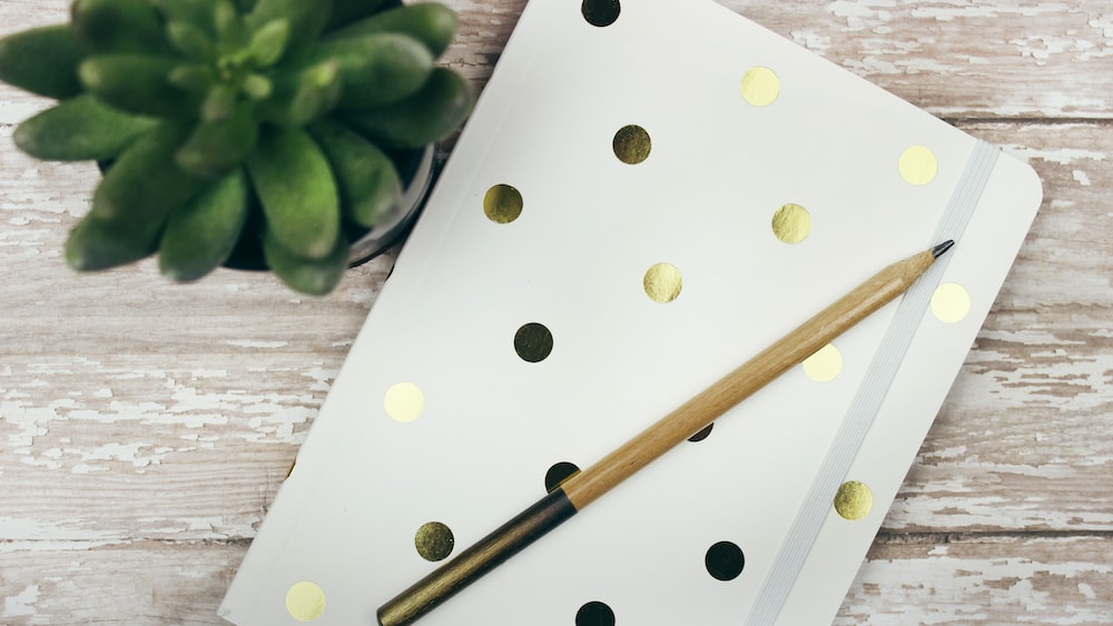 Gold and White Polka Dot Gratitude Journal with Pencil and Succulent.