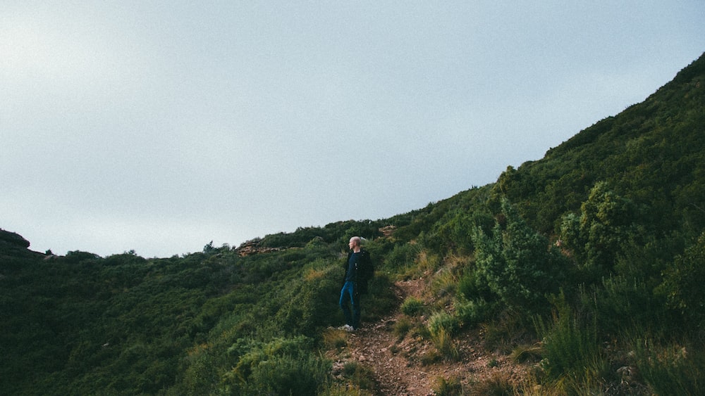 Man standing on a mountainside showcasing willpower.