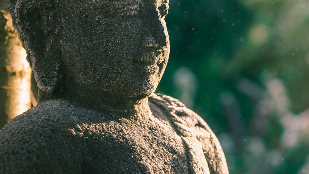 Serene Buddha statue in a frosty morning